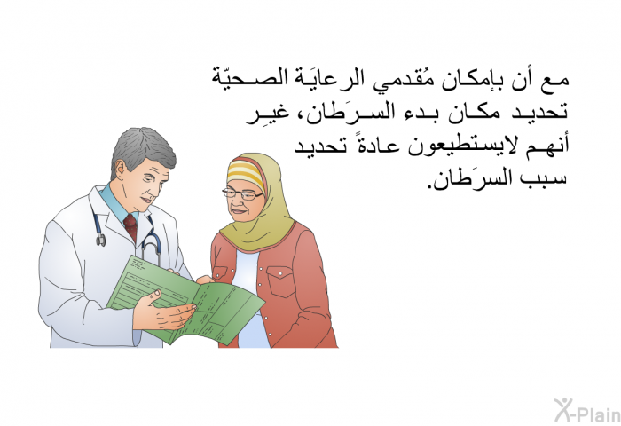 مع أن بإمكان مُقدمي الرعايَة الصحيّة تحديد مكان بدءِ السرَطان، غير أنهم لا يستطيعون عادةً تَحديد سبَب السرَطان.