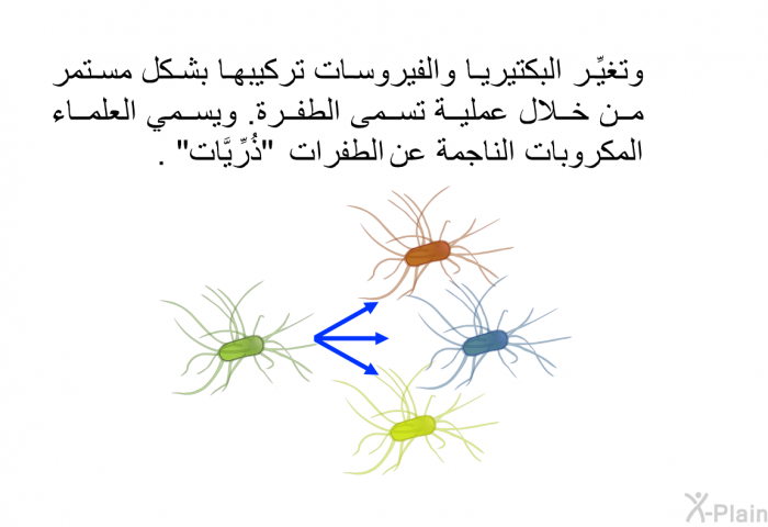 وتغيِّر البكتيريا والفيروسات تركيبها بشكل مستمر من خلال عملية تسمى الطفرة. ويسمي العلماء المكروبات الناجمة عن الطفرات "ذُرِّيَّات".