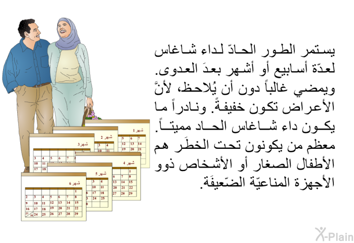 يستمر الطور الحادّ لداء شاغاس لعدّة أسابيع أو أشهر بعدَ العدوى. ويمضي غالباً دون أن يُلاحظ، لأنَّ الأعراض تكون خفيفةً. ونادراً ما يكون داء شاغاس الحاد مميتاً. معظم من يكونون تحت الخطَر هم الأطفال الصغار أو الأشخاص ذوو الأجهزة المناعيّة الضّعيفَة.