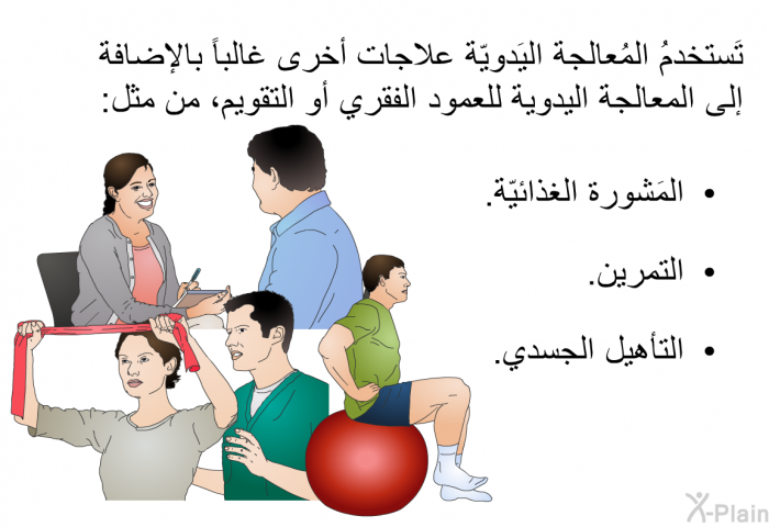 تَستخدمُ المُعالجة اليَدويّة علاجات أخرى غالباً بالإضافة إلى المعالجة اليدوية للعمود الفقري أو التقويم، من مثل:   المَشورة الغذائيّة.  التمرين. التأهيل الجسدي.