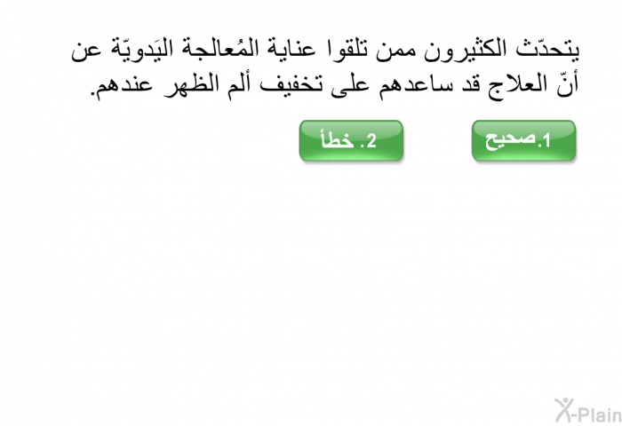 يتحدّث الكثيرون ممن تلقوا عناية المُعالجة اليَدويّة عن أنّ العلاج قد ساعدهم على تخفيف ألم الظهر عندهم.