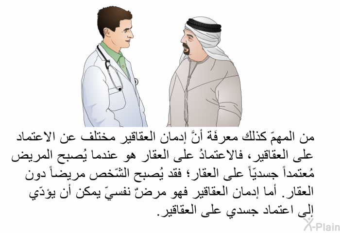 من المهمّ كذلك معرفَة أنَّ إدمان العقاقير مختلف عن الاعتماد على العقاقير، فالاعتمادُ على العقار هو عندما يُصبح المريض مُعتمداً جسديّاً على العقار؛ فقد يُصبح الشّخص مريضاً دون العقار. أما إدمان العقاقير فهو مرضٌ نفسيّ يمكن أن يؤدّي إلى اعتماد جسدي على العقاقير.