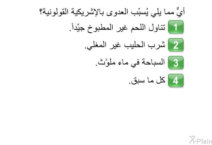 أيٌّ مما يلي يُسبِّب العدوى بالإشريكية القولونية؟   تناول اللحم غير المطبوخ جيِّداً.  شرب الحليب غير المغلي.  السباحة في ماء ملوَّث. كل ما سبق.