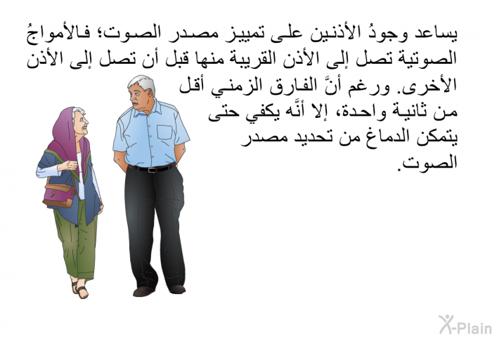 يساعد وجودُ الأذنين على تمييز مصدر الصوت؛ فالأمواجُ الصوتية تصل إلى الأذن القريبة منها قبل أن تصل إلى الأذن الأخرى. ورغم أنَّ الفارق الزمني أقل من ثانية واحدة، إلا أنَّه يكفي حتى يتمكن الدماغ من تحديد مصدر الصوت.