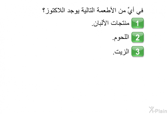 في أيٍّ من الأطعمة التالية يوجد اللاكتوز؟  منتجات الألبان. اللحوم. الزيت.