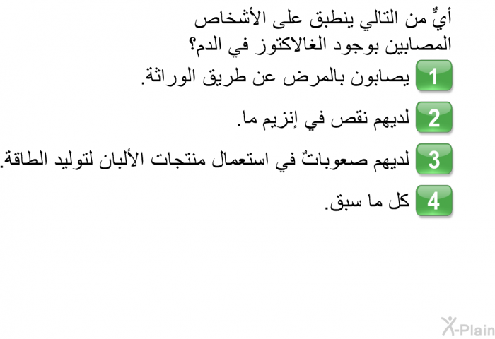 أيٌّ من التالي ينطبق على الأشخاص المصابين بوجود الغالاكتوز في الدم؟   يصابون بالمرض عن طريق الوراثة.  لديهم نقص في إنزيم ما.  لديهم صعوباتٌ في استعمال منتجات الألبان لتوليد الطاقة.  كل ما سبق.