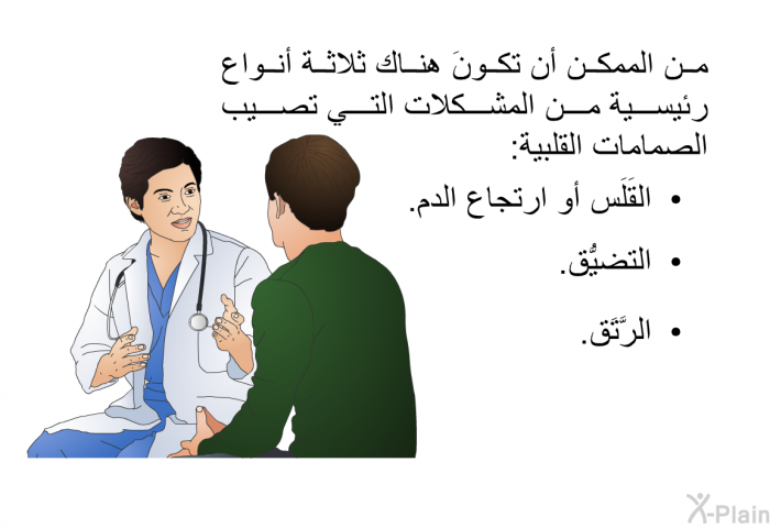 من الممكن أن تكونَ هناك ثلاثة أنواع رئيسية من المشكلات التي تصيب الصمامات القلبية:   القَلَس أو ارتجاع الدم.  التضيُّق. الرَّتَق.