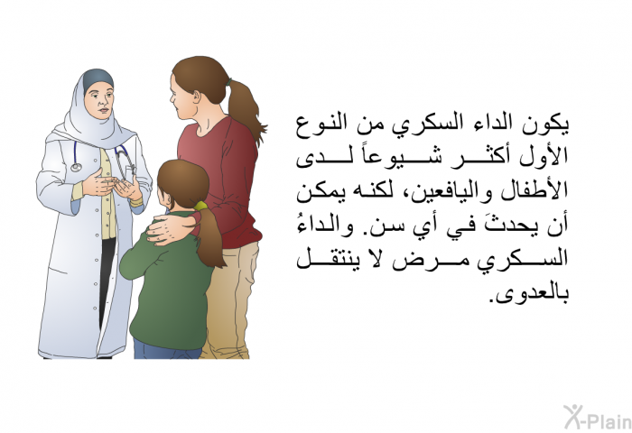 يكون الداء السكري من النوع الأول أكثر شيوعاً لدى الأطفال واليافعين، لكنه يمكن أن يحدثَ في أي سن. والداءُ السكري مرض لا ينتقل بالعدوى.