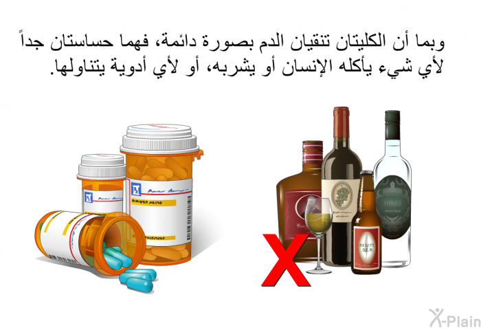 وبما أن الكليتان تنقيان الدم بصورة دائمة، فهما حساستان جداً لأي شيء يأكله الإنسان أو يشربه، أو لأي أدوية يتناولها.