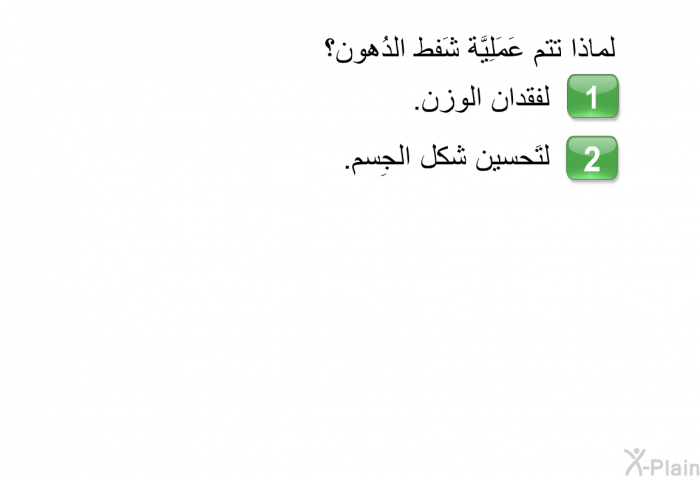 لماذا تتم عَمَلِيَّة شَفط الدُهون؟   لفقدان الوزن. لتَحسين شكل الجِسم.