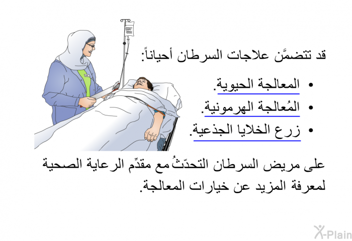 قد تتضمَّن علاجات السرطان أحياناً:  المعالجة الحيوية. المُعالجة الهرمونية. زرع الخلايا الجذعية.  
 على مريض السرطان التحدّثُ مع مقدِّم الرعاية الصحية لمعرفة المزيد عن خيارات المعالجة.