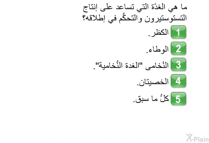 ما هي الغدَّة التي تساعد على إنتاج التِّستوستيرون والتحكُّم في إطلاقه؟  الكظر. الوطاء. النُخامى "الغدة النُّخامية". الخصيتان. كلُّ ما سبق.