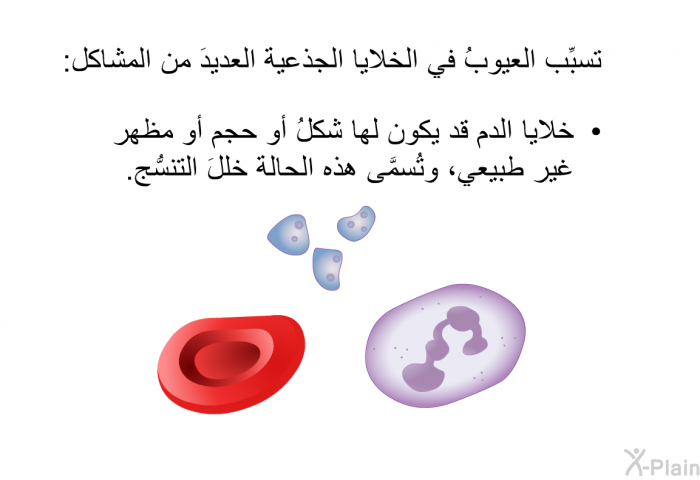 تسبِّب العيوبُ في الخلايا الجذعية العديدَ من المشاكل:  خلايا الدم قد يكون لها شكلُ أو حجم أو مظهر غير طبيعي، وتُسمَّى هذه الحالة خللَ التنسُّج.