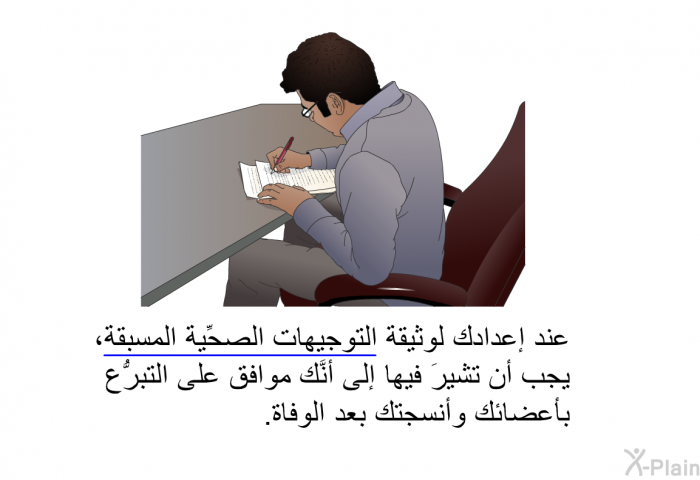 عند إعدادك لوثيقة التوجيهات الصحِّية المسبقة، يجب أن تشيرَ فيها إلى أنَّك موافق على التبرُّع بأعضائك وأنسجتك بعد الوفاة.