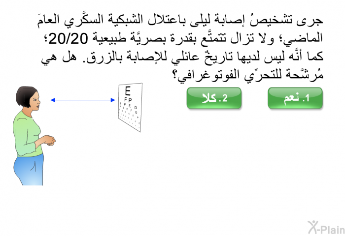 جرى تشخيصُ إصابة ليلى باعتلال الشبكية السكَّري العامَ الماضي؛ ولا تزال تتمتَّع بقدرة بصريَّة طبيعية 20/20؛ كما أنَّه ليس لديها تاريخٌ عائلي للإصابة بالزرق. هل هي مُرشَّحة للتحرِّي الفوتوغرافي؟