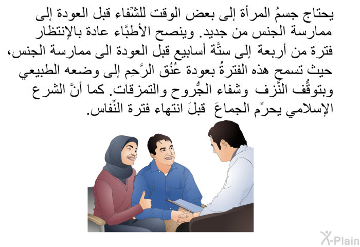 يحتاج جسمُ المرأة إلى بعض الوقت للشِّفاء قبل العودة إلى ممارسة الجنس من جديد. وينصح الأطبَّاء عادة بالإنتظار فترة من أربعة إلى ستَّة أسابيع قبل العودة الى ممارسة الجنس، حيث تسمح هذه الفترةُ بعودة عُنُق الرَّحِم إلى وضعه الطبيعي وبتوقُّف النَّزف وشفاء الجُّروح والتمزقات. كما أنَّ الشرع الإسلامي يحرِّم الجماعَ قبلَ انتهاء فترةَ النِّفاس.