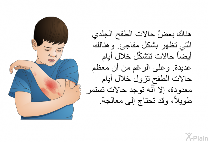 هناك بعضُ حالات الطفح الجلدي التي تظهر بشكل مفاجئ. وهنالك أيضاً حالات تتشكَّل خلال أيام عديدة. وعلى الرغم من أن معظم حالات الطفح تزول خلال أيام معدودة، إلا أنَّه توجد حالات تستمر طويلاً، وقد تحتاج إلى معالجة.