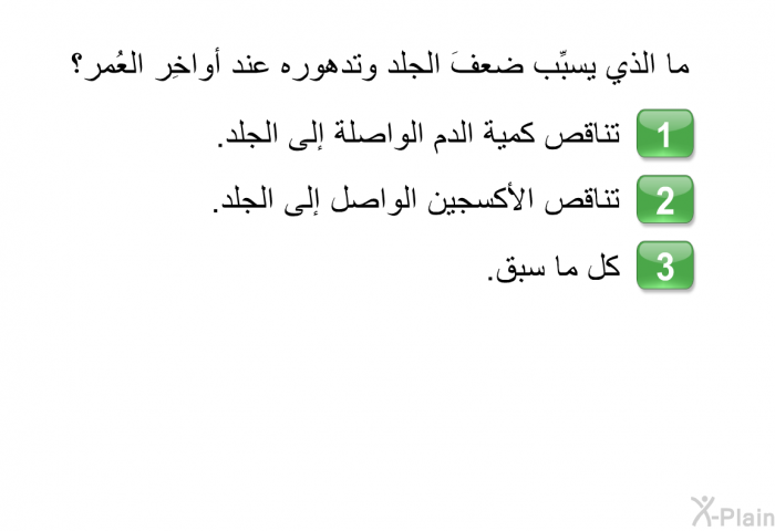 ما الذي يسبِّب ضعفَ الجلد وتدهوره عند أواخِر العُمر؟اختر الاجابة الصحيحة   تناقص كمية الدم الواصلة إلى الجلد.  تناقص الأكسجين الواصل إلى الجلد.  كل ما سبق.