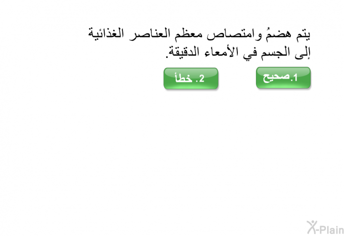 يتم هضمُ وامتصاص معظمَ العناصر الغذائية إلى الجسم في الأمعاء الدقيقة.