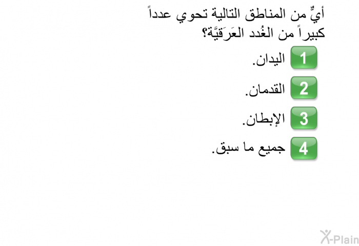 أيٌّ من المناطق التالية تحوي عدداً كبيراً من الغُدد العَرَقيَّة؟  اليدان. القدمان. الإبطان. جميع ما سبق.