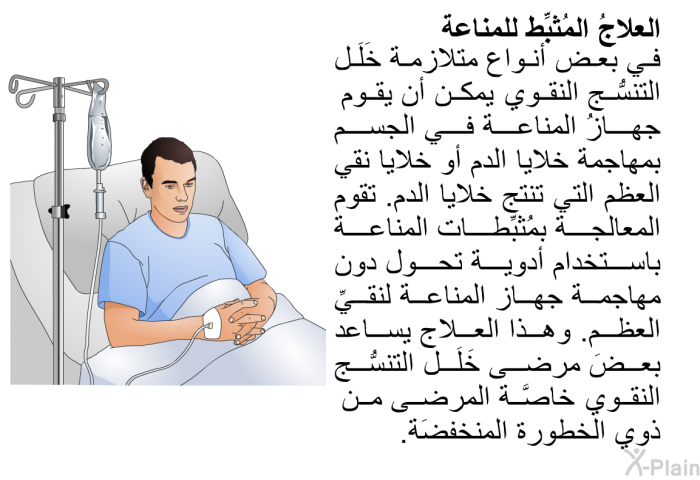 <B>العلاجُ</B><B> </B><B>المُثبِّط</B><B> </B><B>للمناعة</B> <B>
</B>في بعض أنواع متلازمة خَلَل التنسُّج النقوي، يمكن أن يقوم جهازُ المناعة في الجسم بمهاجمة خلايا الدم أو خلايا نقي العظم التي تنتج خلايا الدم. تقوم المعالجةُ بمُثبِّطات المناعة باستخدام أدوية تحول دون مهاجمة جهاز المناعة لنقيِّ العظم. وهذا العلاج يساعد بعضَ مرضى خَلَل التنسُّج النقوي، خاصَّة المرضى من ذوي الخطورة المنخفضَة.