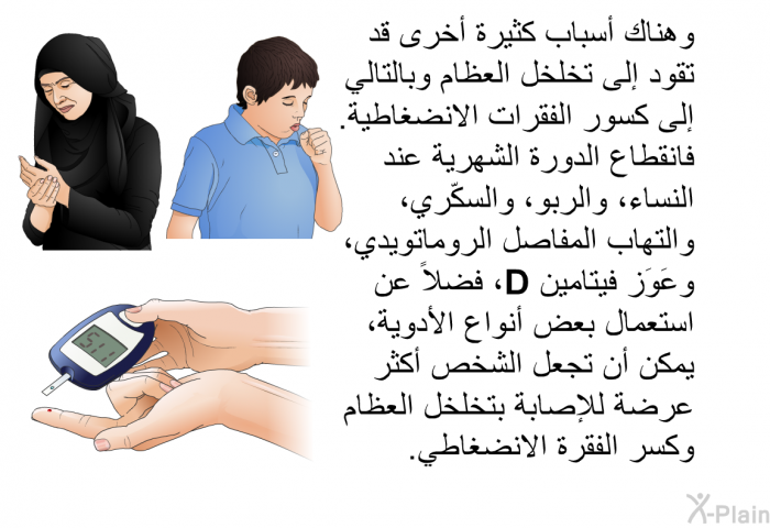 وهناك أسباب كثيرة أخرى قد تقود إلى تخلخل العظام وبالتالي إلى كسور الفقرات الانضغاطية<B>. </B>فانقطاع الدورة الشهرية عند النساء، والربو، والسكّري، والتهاب المفاصل الروماتويدي، وعَوَز فيتامين D، فضلاً عن استعمال بعض أنواع الأدوية، يمكن أن تجعل الشخص أكثر عرضة للإصابة بتخلخل العظام وكسر الفقرة الانضغاطي<B>.</B>