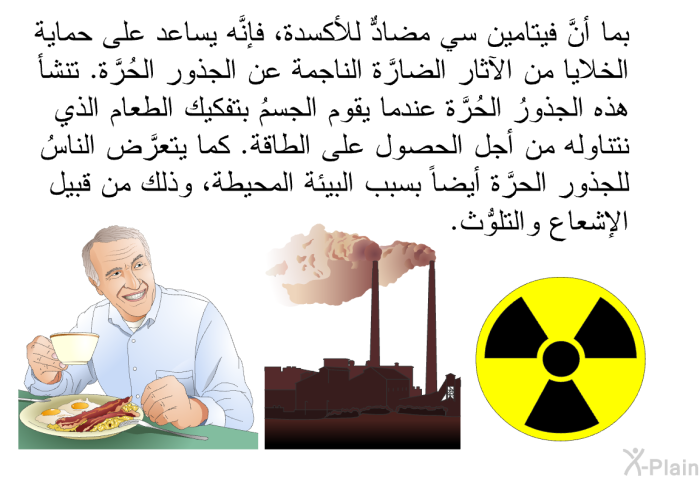 بما أنَّ فيتامين سي مضادٌّ للأكسدة، فإنَّه يساعد على حماية الخلايا من الآثار الضارَّة الناجمة عن الجذور الحُرَّة. تنشأ هذه الجذورُ الحُرَّة عندما يقوم الجسمُ بتفكيك الطعام الذي نتناوله من أجل الحصول على الطاقة. كما يتعرَّض الناسُ للجذور الحرَّة أيضاً بسبب البيئة المحيطة، وذلك من قبيل الإشعاع والتلوُّث.