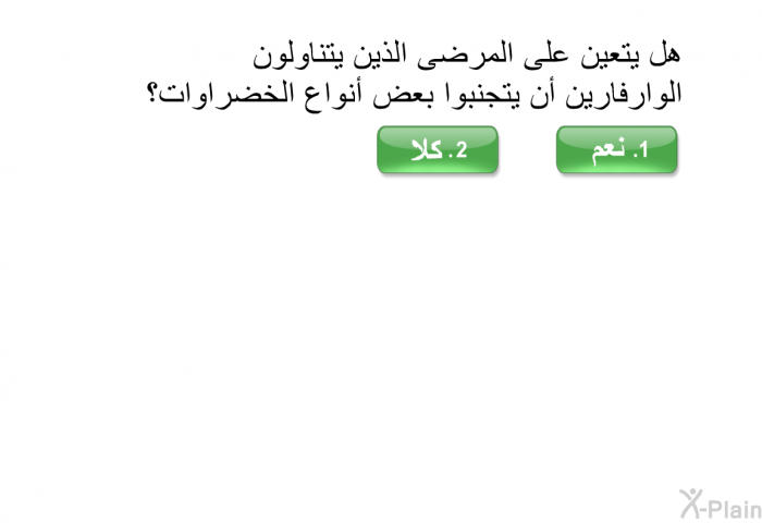 هل يتعين على المرضى الذين يتناولون الوارفارين أن يتجنبوا بعض أنواع الخضراوات؟