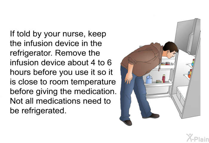 If told by your nurse, keep the infusion device in the refrigerator. Remove the infusion device about 4 to 6 hours before you use it so it is close to room temperature before giving the medication. Not all medications need to be refrigerated.