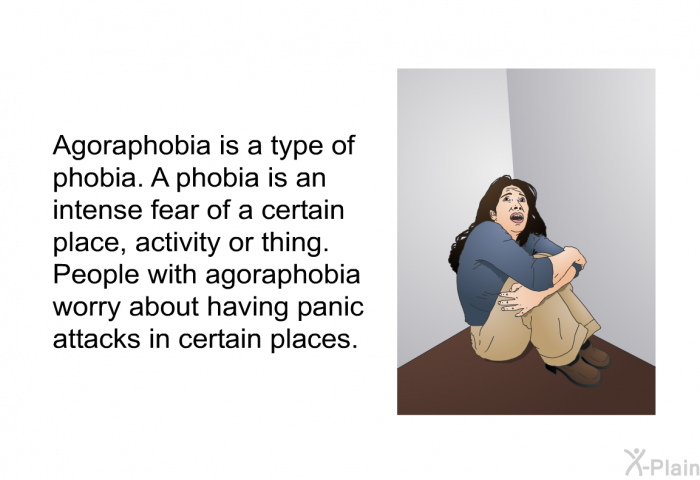 Agoraphobia is a type of phobia. A phobia is an intense fear of a certain place, activity or thing. People with agoraphobia worry about having panic attacks in certain places.