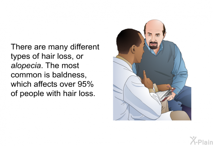 There are many different types of hair loss, or alopecia. The most common is baldness, which affects over 95% of people with hair loss.