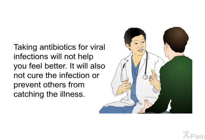 Taking antibiotics for viral infections will not help you feel better. It will also not cure the infection or prevent others from catching the illness.