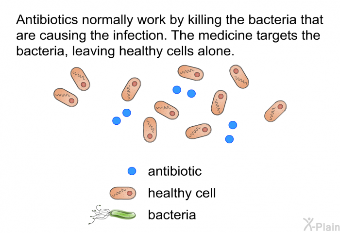 Antibiotics normally work by killing the bacteria that are causing the infection. The medicine targets the bacteria, leaving healthy cells alone.