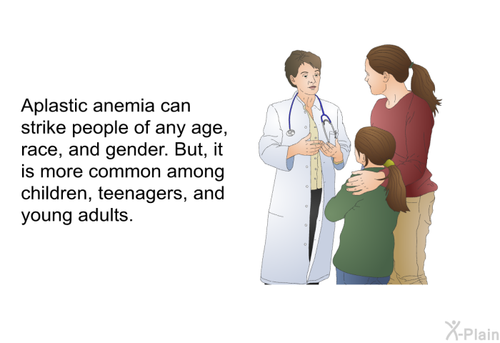 Aplastic anemia can strike people of any age, race, and gender. But, it is more common among children, teenagers, and young adults.