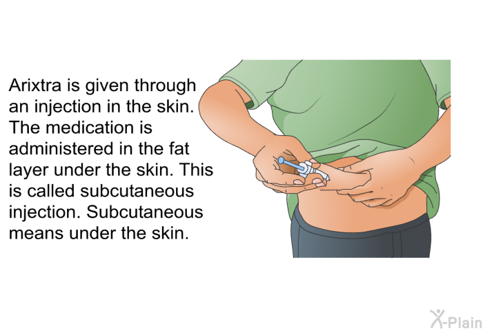 Arixtra is given through an injection in the skin. The medication is administered in the fat layer under the skin. This is called subcutaneous injection. <I>Subcutaneous</I> means under the skin.