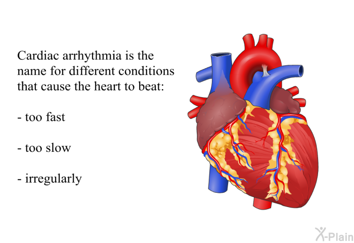 Cardiac arrhythmia is the name for different conditions that cause the heart to beat:  too fast too slow irregularly.