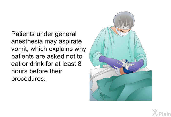 Patients under general anesthesia may aspirate vomit, which explains why patients are asked not to eat or drink for at least 8 hours before their procedures.