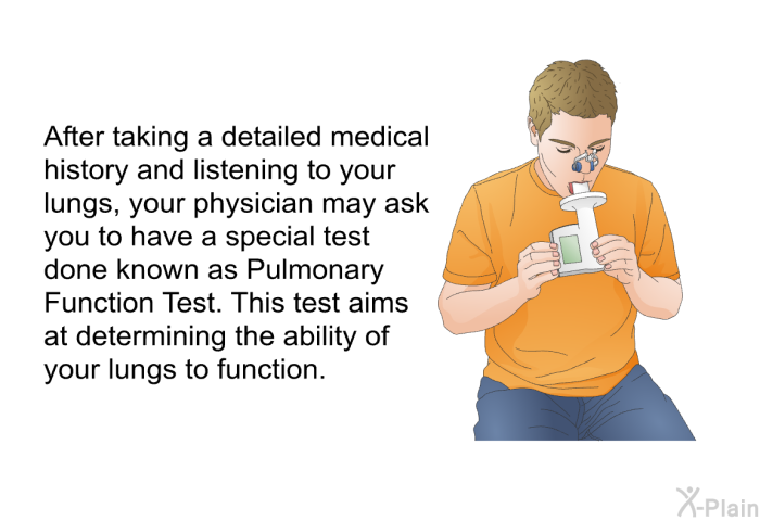 After taking a detailed medical history and listening to your lungs, your physician may ask you to have a special test done known as Pulmonary Function Test. This test aims at determining the ability of your lungs to function.