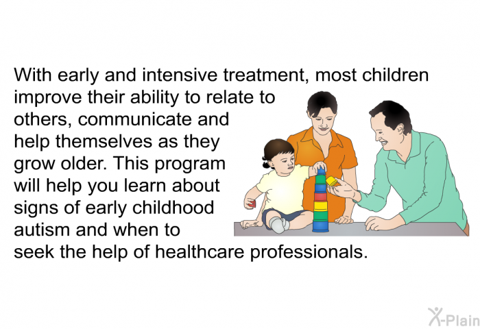 With early and intensive treatment, most children improve their ability to relate to others, communicate and help themselves as they grow older. This program will help you learn about signs of early childhood autism and when to seek the help of health care professionals.