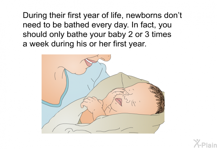 During their first year of life, newborns don't need to be bathed every day. In fact, you should only bathe your baby 2 or 3 times a week during his or her first year.