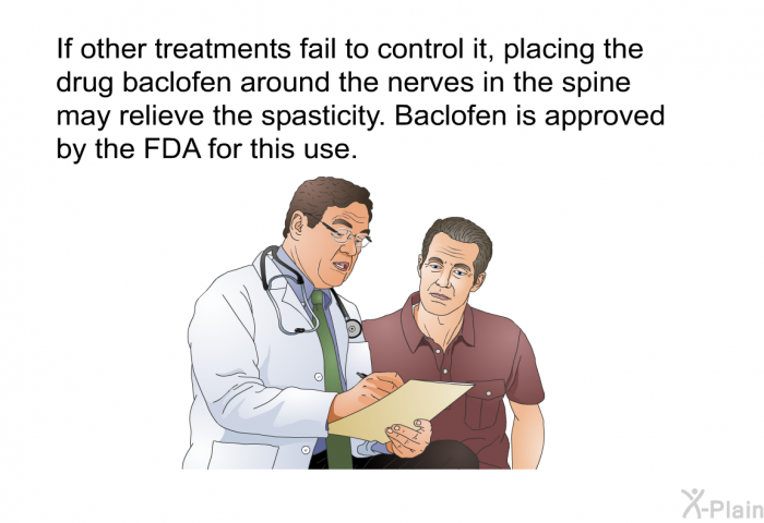 If other treatments fail to control it, placing the drug baclofen around the nerves in the spine may relieve the spasticity. Baclofen is approved by the FDA for this use.