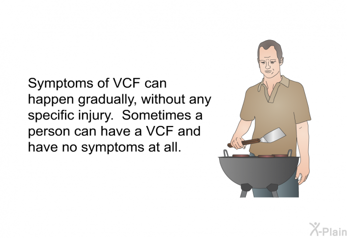 Symptoms of VCF can happen gradually, without any specific injury. Sometimes a person can have a VCF and have no symptoms at all.