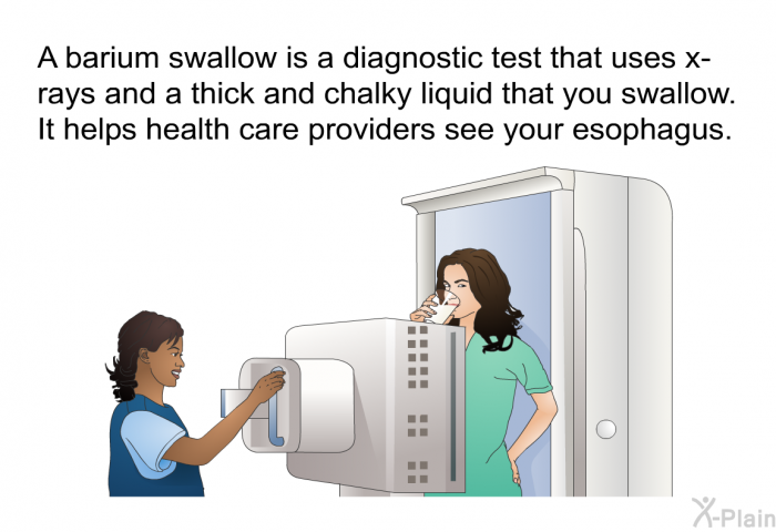 A barium swallow is a diagnostic test that uses x-rays and a thick and chalky liquid that you swallow. It helps health care providers see your esophagus.