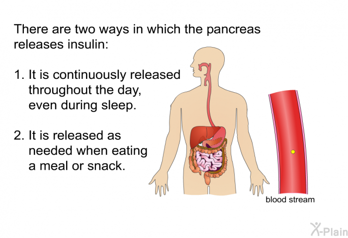 There are two ways in which the pancreas releases insulin:  It is continuously released throughout the day, even during sleep. It is released as needed when eating a meal or snack.