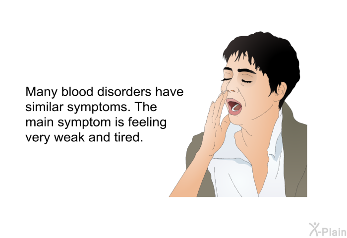 Many blood disorders have similar symptoms. The main symptom is feeling very weak and tired.