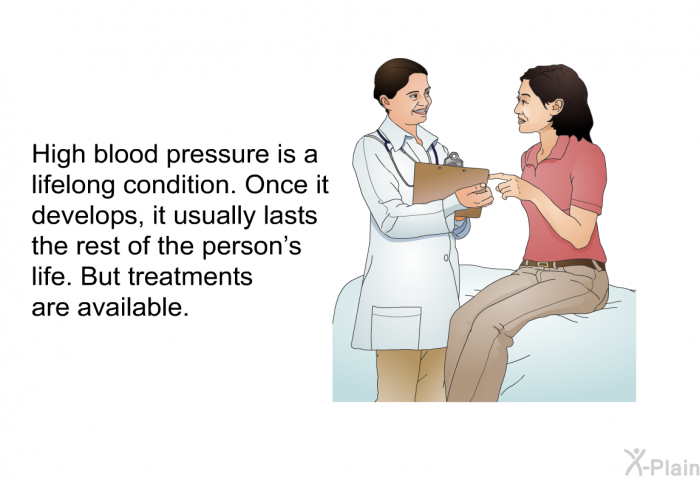 High blood pressure is a lifelong condition. Once it develops, it usually lasts the rest of the person's life. But treatments are available.