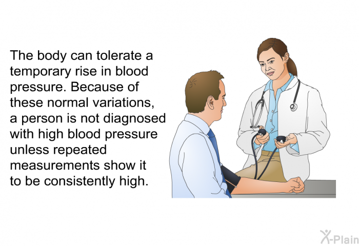 The body can tolerate a temporary rise in blood pressure. Because of these normal variations, a person is not diagnosed with high blood pressure unless repeated measurements show it to be consistently high.