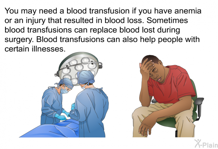 You may need a blood transfusion if you have anemia or an injury that resulted in blood loss. Sometimes blood transfusions can replace blood lost during surgery. Blood transfusions can also help people with certain illnesses.