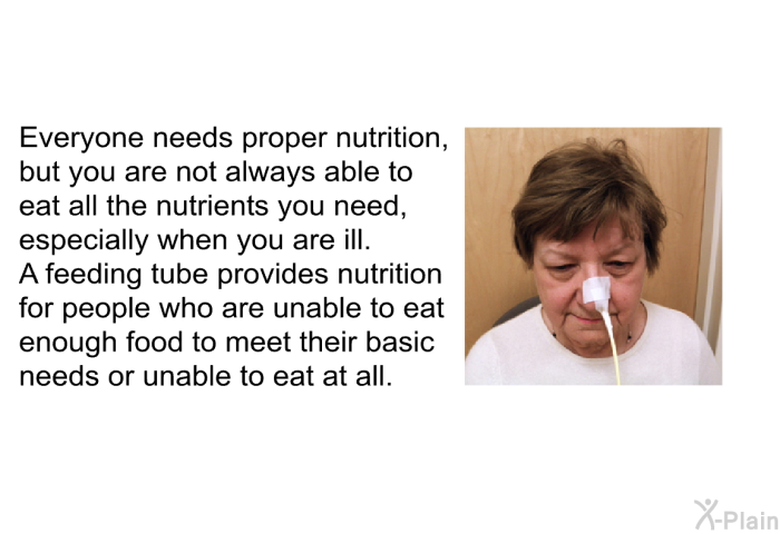 Everyone needs proper nutrition, but you are not always able to eat all the nutrients you need, especially when you are ill. A feeding tube provides nutrition for people who are unable to eat enough food to meet their basic needs or unable to eat at all.