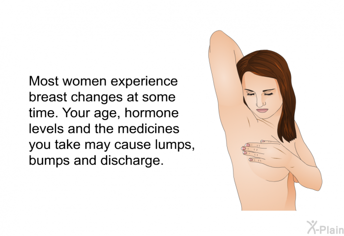 Most women experience breast changes at some time. Your age, hormone levels and the medicines you take may cause lumps, bumps and discharge.